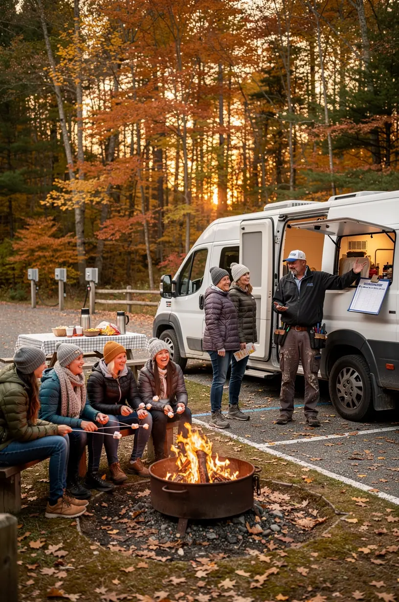 Вид с высоты птичьего полёта на кемперван-хаб с парковочными местами и инфраструктурой